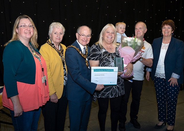 Irene and Barry Whitehead, with their grandson and L-R Councillor Rachel Massey, Mayoress of Rochdale Lynn Sheerin, Mayor of Rochdale Billy Sheerin and Gail Hopper 