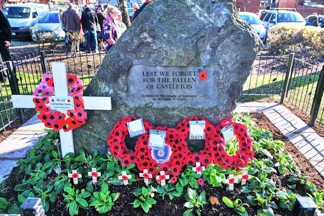 Poppy wreaths adorn the Castleton war memorial for Remembrance Sunday 2019