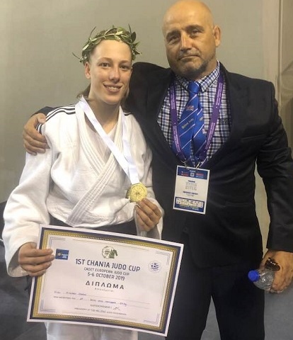 Greek European Cup Champion and Gold medallist Isobel Kitchen with her Coach Andy Merchant from Rochdale Judo Club 
