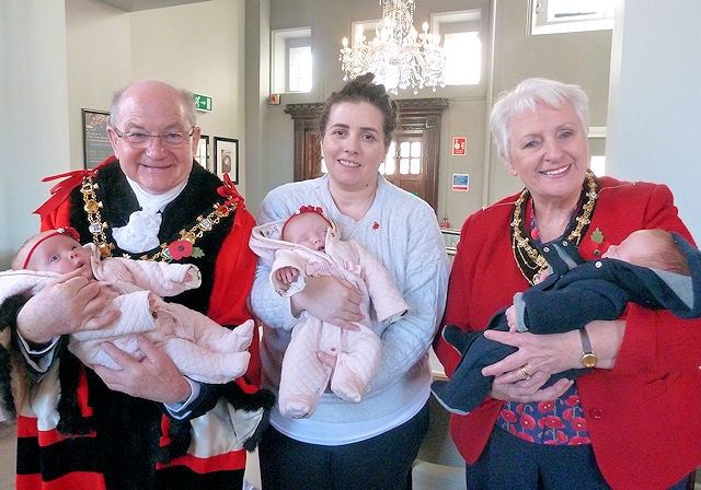 Mayor Billy Sheerin, Elise Mitchell (mother) and Mayoress Lynn Sheerin with the triplets Lucy, Lily and Arthur