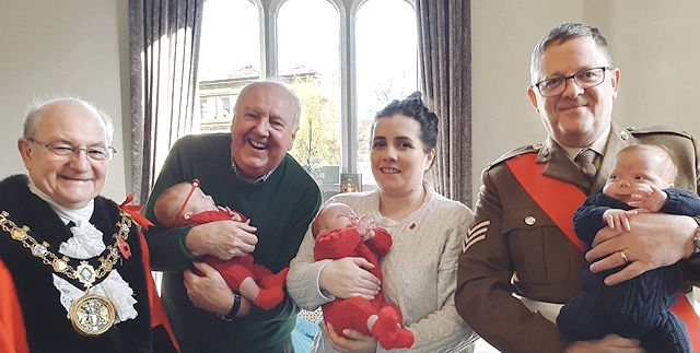 Triplets with Mayor Sheerin, Jimmy Cricket, their mum Elise Mitchell and uncle Craig Grice