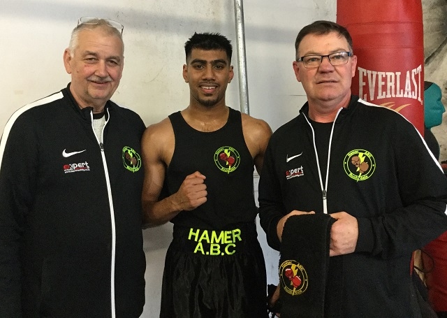 Monir Miah (center) from Hamer Boxing Club with his coaches Alan Bacon and Steven Connellan