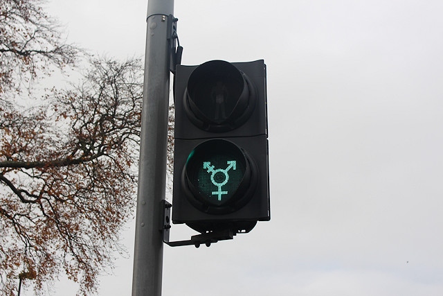 A transgender symbol on lights at Hopwood Hall Middleton