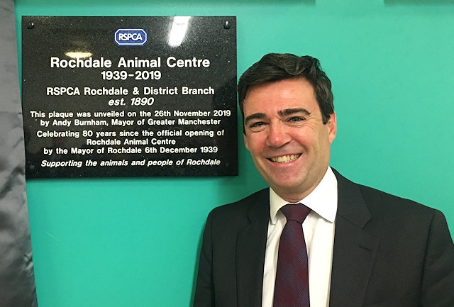 Mayor of Greater Manchester, Andy Burnham unveils a plaque at the RSPCA centre on Redcross Street