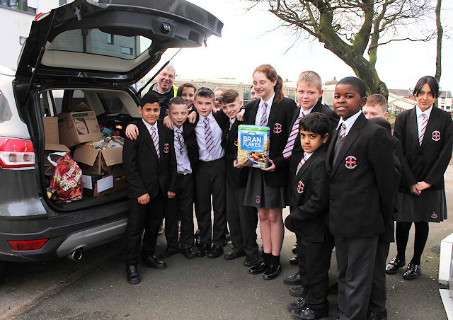 St Cuthbert's RC High School students with food for the Foodbank