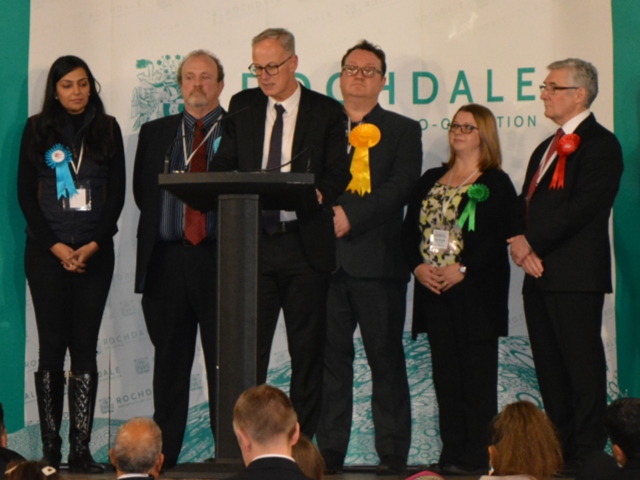 Returning Officer Steve Rumbelow announces the result for Rochdale