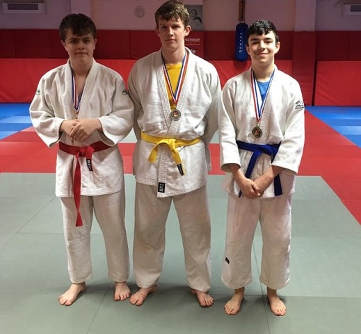 Rochdale Judo Club Senior Championship Men winners Adam Tasker, Oeian Mason and Liam Ellis