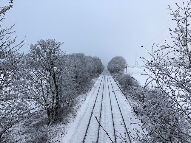 Snow on the railway line at Slattocks