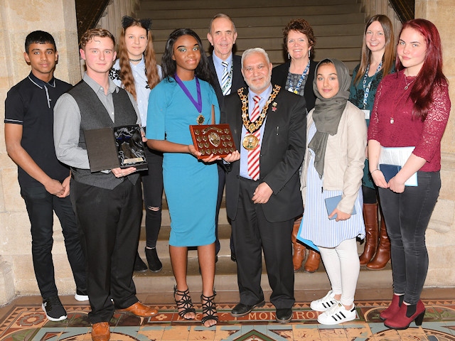 The final six candidates to be Member of Youth Parliament with Mayor of Rochdale, Councillor Kieran Heakin, Gail Hopper and Angela McCormack from Rochdale Youth Service