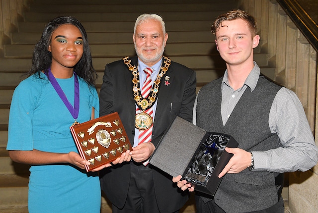 Anita Okunde and Louis Tweedale with the Mayor of Rochdale