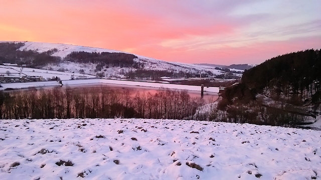 Sunrise and snow over Ogden, Kitcliffe and Piethorne Reservoirs