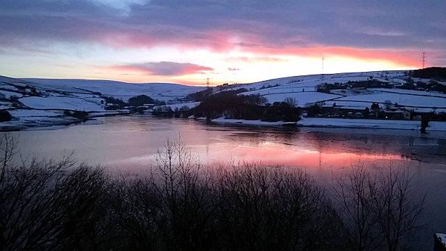 Sunrise over Ogden, Kitcliffe and Piethorne Reservoirs in the first half of February