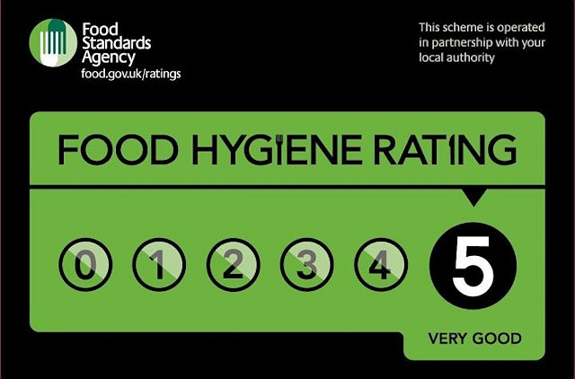 Food Hygiene Rating Sticker with a rating of five