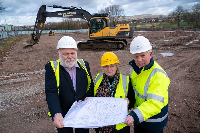 Graeme Reay, land director at Sigma, Cllr Linda Robinson, assistant to the cabinet member for planning, development and housing at Rochdale Borough Council, and Philip Whitehead, regional regeneration director of Countryside, at the Roch Street site