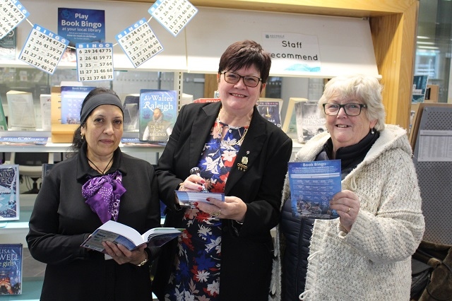 Shahnaz Begum, library and information assistant; Councillor Janet Emsley, cabinet member for libraries; Rochdale resident Pat Richardson