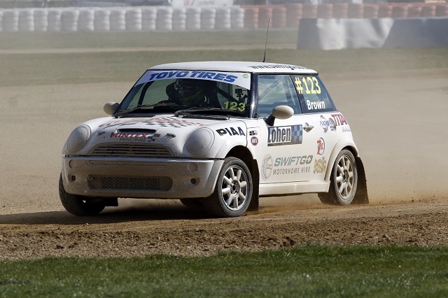 Steve Brown enjoying a successful maiden outing at round one of the Toyo Tyres British Rallycross Championship at Silverstone Race Circuit