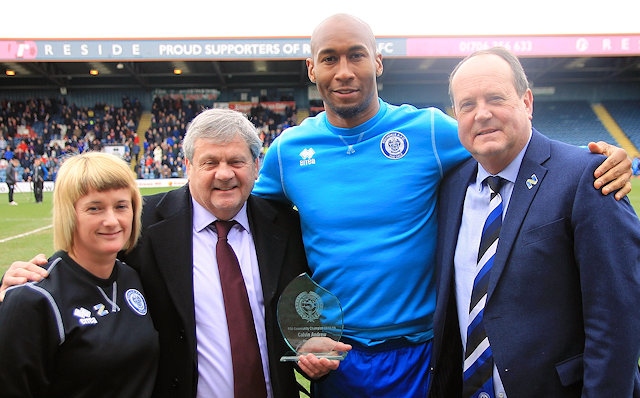 Siobhan McElhinney, Assistant Head of Dale in the Community Sports Trust; Dennis Leman, PFA Community Liaison Officer; Calvin Andrew and Rochdale AFC CEO David Bottomley