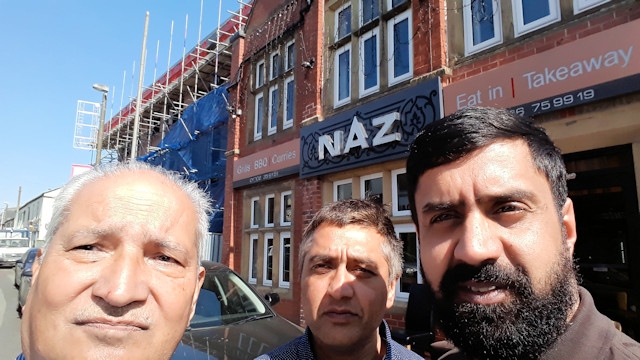 L-R: Ghulam Rasul Shahzad OBE, Shiraz Durrani and Mohammed Sajid outside Naz Restaurant
