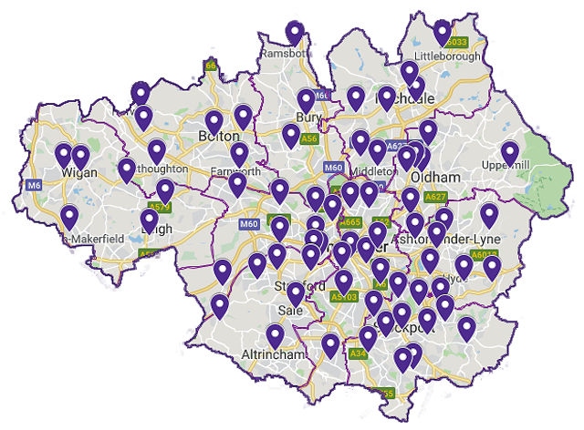 The map highlights some of the 87 leisure and sports facilities GM Active manage 