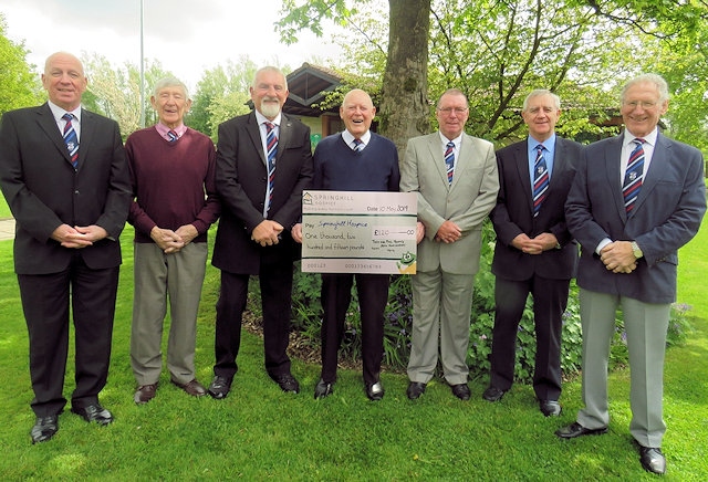 Rochdale Hornets ex-players line up to hand over the Golden Wedding donations, from left to right, Tony Pratt, Norman Short, Tony Gourley, Malcolm Price, Mick Crocker, Paul Machen and Mick Baxter