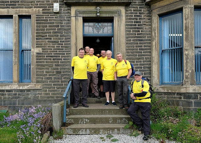 Walkers from Rochdale, Todmorden and Bacup Masonic Lodges outside Bacup Masonic Lodge