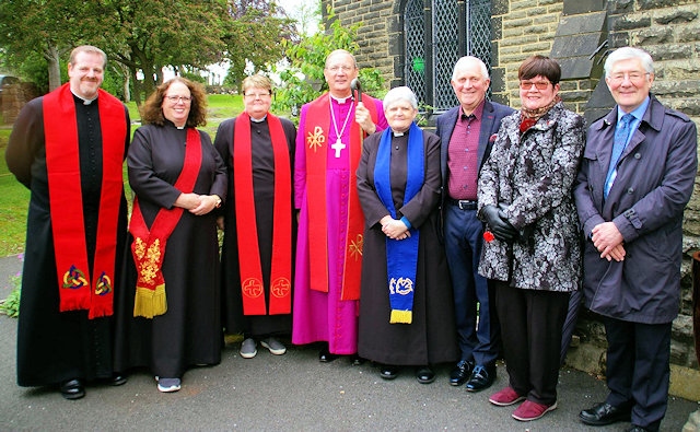 Bishop Mark Davies, clergy, Councillors Ashley Dearnley and Janet Emsley and MP Tony Lloyd on the united Pentecost Walk