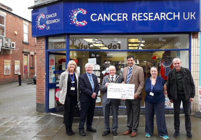 (L-R) Sandra Gregory (Area Manager Cancer Research), Tony Lloyd MP, Billy Sheerin (Mayor of Rochdale), Councillor Faisal Rana, Sherry Blandford (Assistant) and James Bolton (Volunteer)