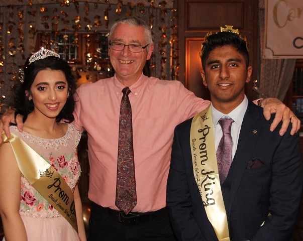 Mr Rowlands with the Prom King and Queen, Hira Iqbal and Armaan Ansari at the Beech House School Prom