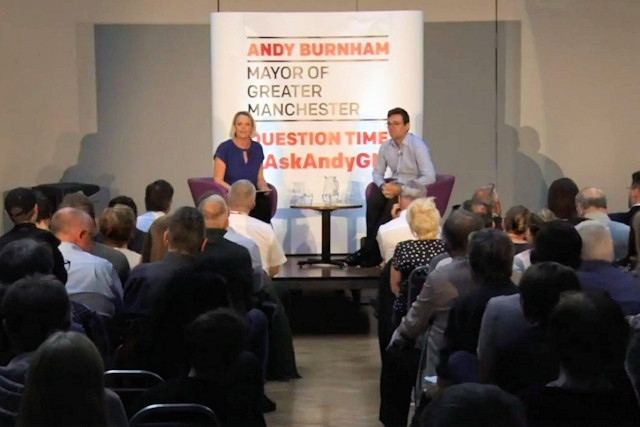 Andy Burnham at Question Time event in Rochdale with host Hannah Miller
