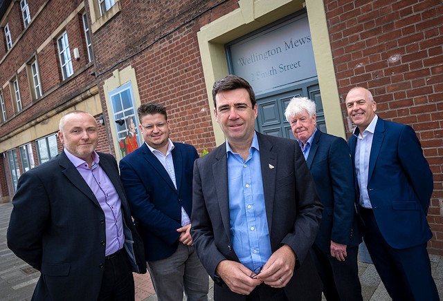 L-R: John Searle, director of economy at Rochdale Borough Council, John Blundell, cabinet member for regeneration, business, skills and employment at Rochdale Borough Council, Andy Burnham, Alan Bennett from Millerbrook and Richard Ward from Millerbrook 