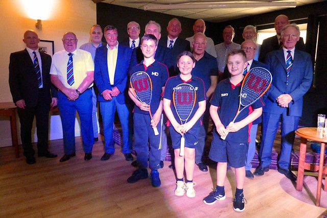 Rochdale Junior Squash Club - Adam Curran, Max Davis and Daisy with the Rochdale Hornets Ex-players Association