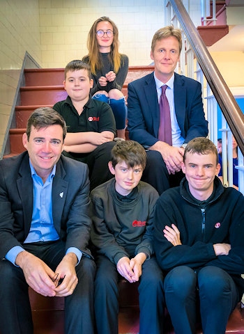 Chels Lester, from Rochdale Sixth Form College, Middle: Brownhill pupil, Sam Barlow, Sixth Form College Principal, Richard Ronskley and bottom: Andy Burnham, Brownhill pupils, Peter Bradbury and Aaron Wilkie 
