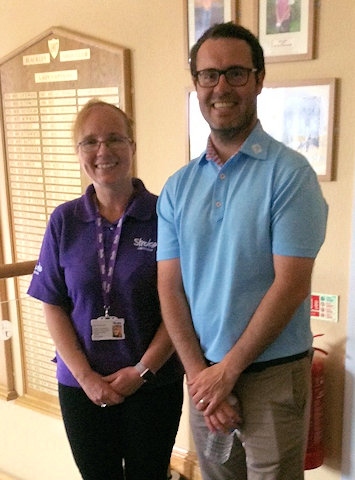 Joanne Mundy, Stroke Awareness coordinator for Rochdale, Middleton and Heywood and Blackley Golf Club Professional Steve Ingham 