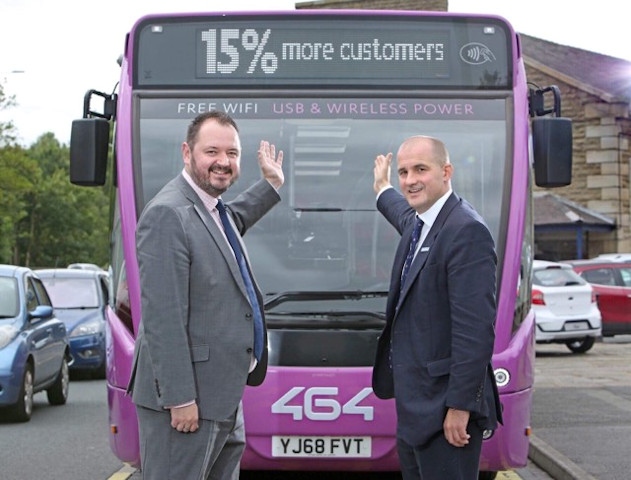 Transdev CEO Alex Hornby (left) with Northern Powerhouse Minister, Jake Berry MP (right) in front of a 464 bus