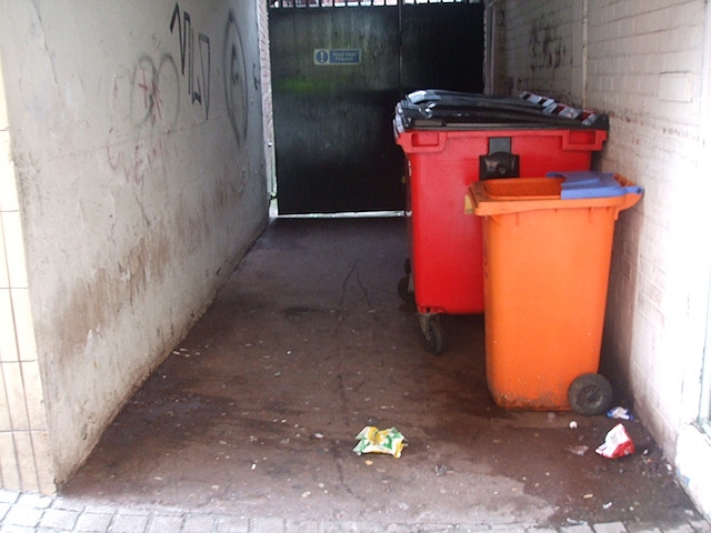 An alleyway near the former Poundworld and McDonalds, before it was cleared of graffiti