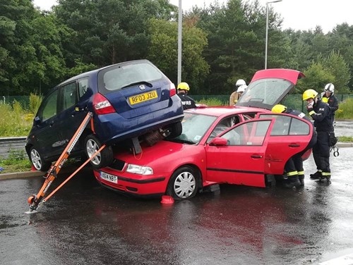 Rescue Challenge: car in a precarious position on the bonnet and windscreen which had to be secured and made safe before progress could be made