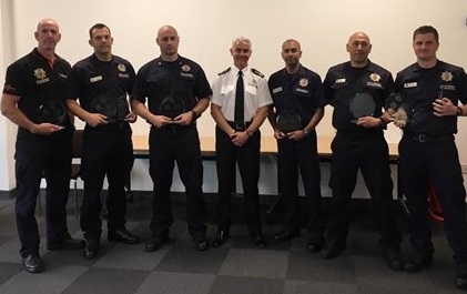From Left to Right: WM Ian Melville (Incident Commander), FF Sam Wheatley (Technical Rescue), WM Tom Weate (Technical Rescue), County Durham and Darlington Chief Fire Officer Stuart Errington, CM Kirpal Bangar (Medical Team), WM Mark Palin (Medical Team), FF David Nelson (Technical Rescue)