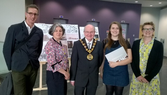 Mayor Billy Sheerin attended the exhibition launch of Reimagining Rochdale at Number One Riverside