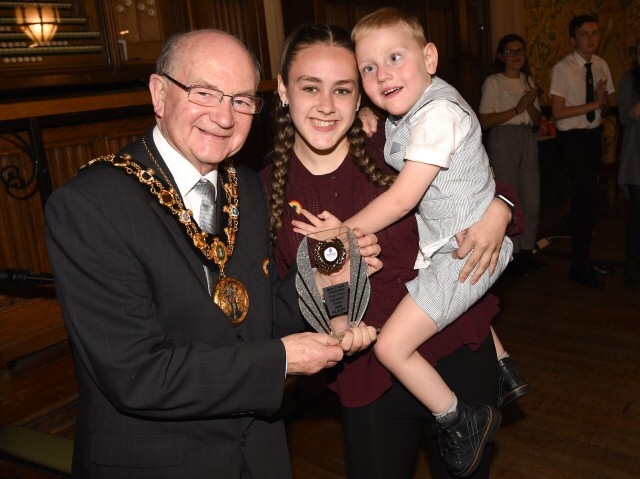 Jade Kilduff, with little brother Christian and Mayor of Rochdale Billy Sheerin