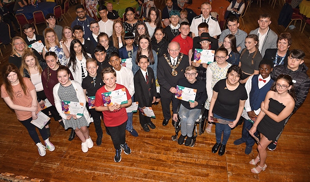 Nominees and winners of the Mayor's Youth Awards 2019 with Mayor of Rochdale, Councillor Billy Sheerin
