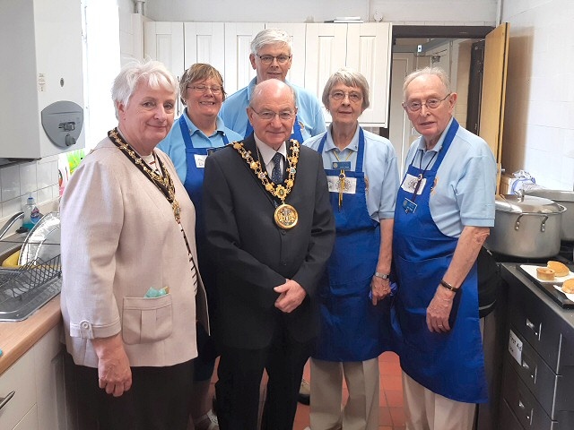 Mayor Billy Sheerin and Mayoress Lynn Sheerin with Heywood Lions at Crimble Croft Community Centre National Play Day event