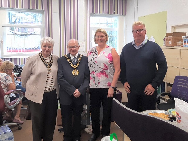 Mayor Billy Sheerin and Mayoress Lynn Sheerin with Sue Bannerman and Anthony Boyle from Argos at Crimble Croft Community Centre