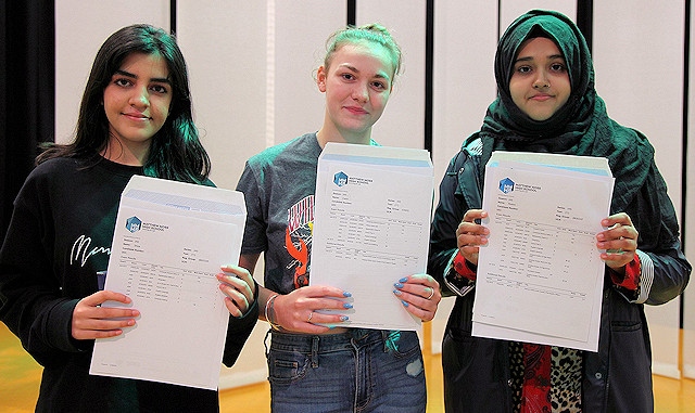 Celebrating a strong set of GCSE results at Matthew Moss (L-R: Shiza, Caitlin and Roshni)