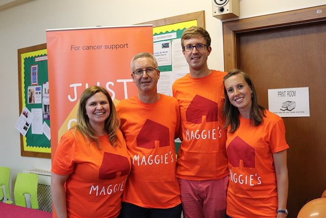 Left to right: Maggie’s Oldham fundraising manager Laura Tomlinson, Philippa’s husband Richard Shales, son Mark Shales and daughter Emma Shales