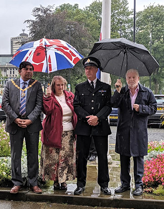 L-R: Deputy Mayor of Rochdale, Cllr Aasim Rashid, Reverend Margaret Smith, (town centre chaplain), Chief Inspector Andrew Riley from the GMP Rochdale Division and council leader Allen Brett