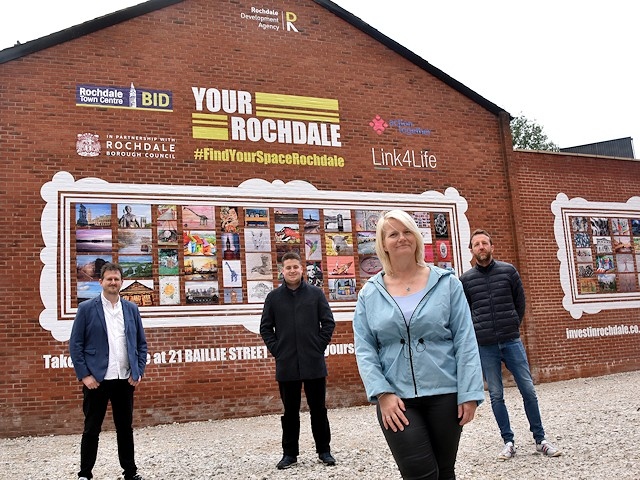 The artwork is unveiled at 21 Baillie Street by (left to right) Steve Kuncewicz, RDA board member; Councillor John Blundell; Kerry Hargreaves and Paul Ambrose, Rochdale BID
