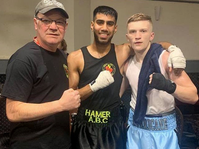 Coach Steven Connellan with boxers Monir Miah and Campbell Hatton