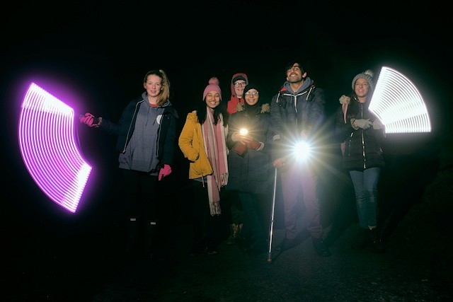 Up Our Street – Exploring Pioneer Places participants on a night hike and night photography workshop, Blackstone Edge
