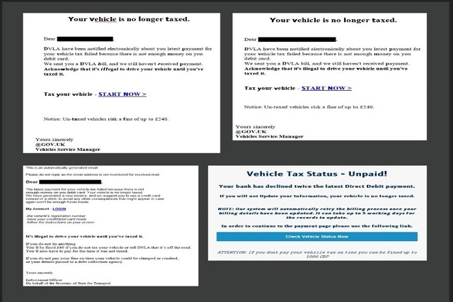 The scams ask drivers to verify their driving licence details, offer vehicle tax refunds, highlight a failed vehicle tax payment and ask for bank details