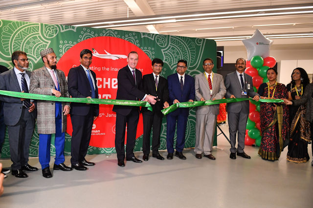 Airline and airport officials plus civic dignitaries welcome the new flight to Bangladesh